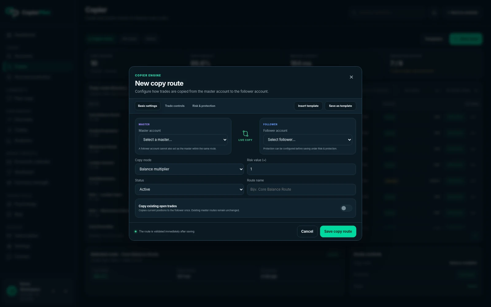 CopierPilot Add Route flow for configuring a new copy route