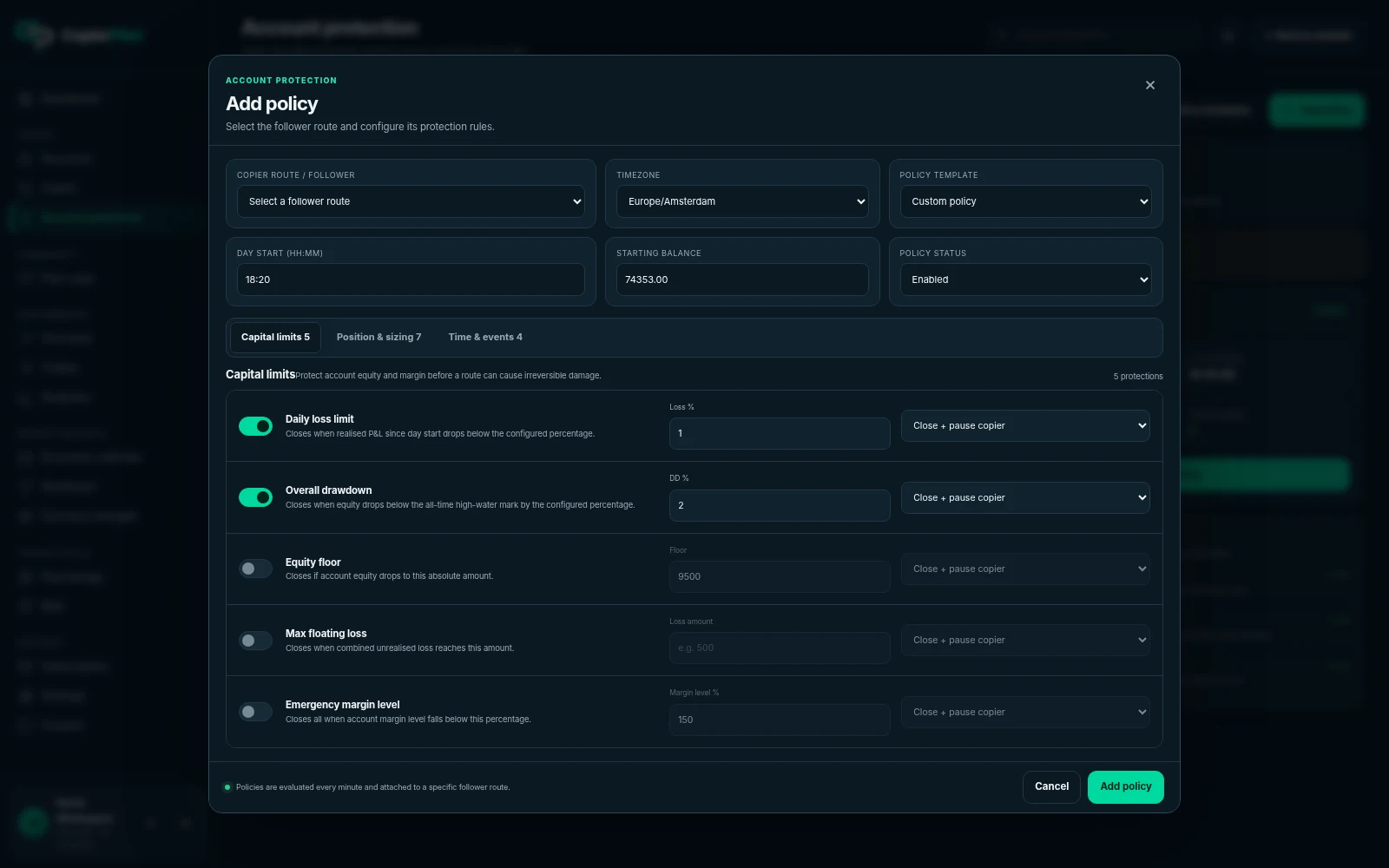 CopierPilot Protection Policy editor with thresholds and automated responses